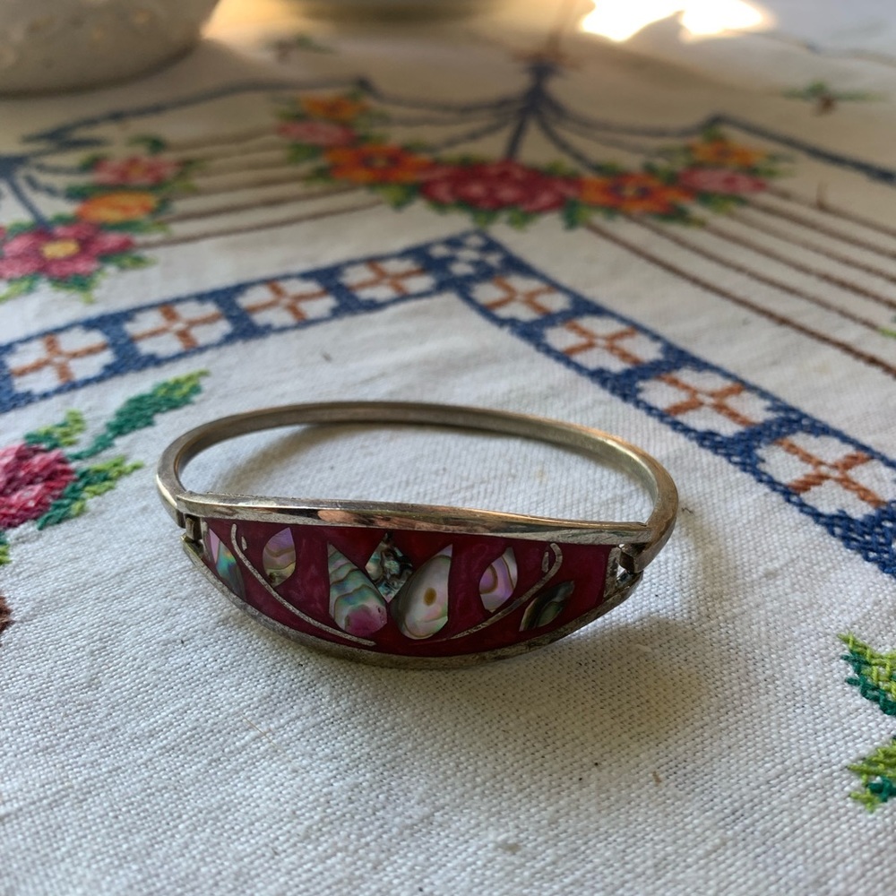 💕Vintage Silver Taxco Mexico Mother of Pearl Abalone Bracelet